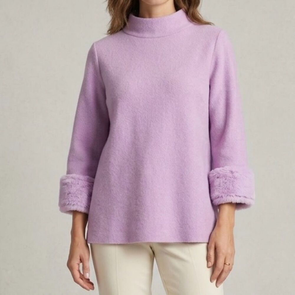 Fate sweater pullover sweater Lilac purple  fur trim 3/4 sleeves, mock neck Sm